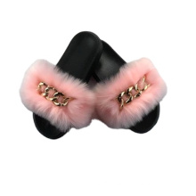 Manufacturers wholesale Artificial fox hair chain unisex EVA furry slides,fluffy slippers for women